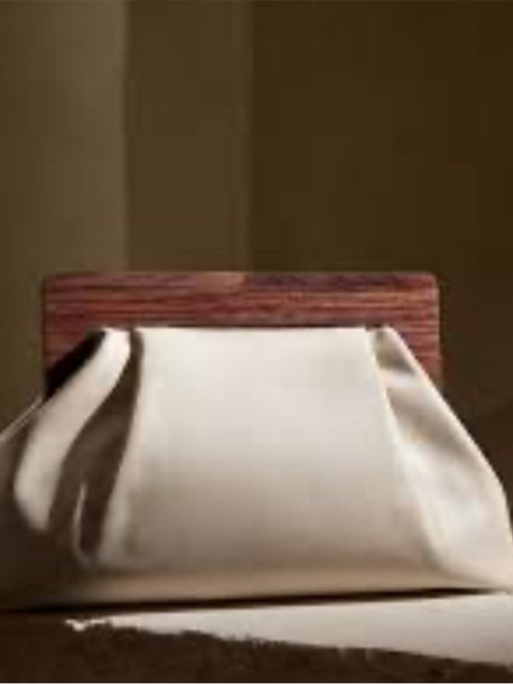 Cream Large Leather Clutch w/ Wood